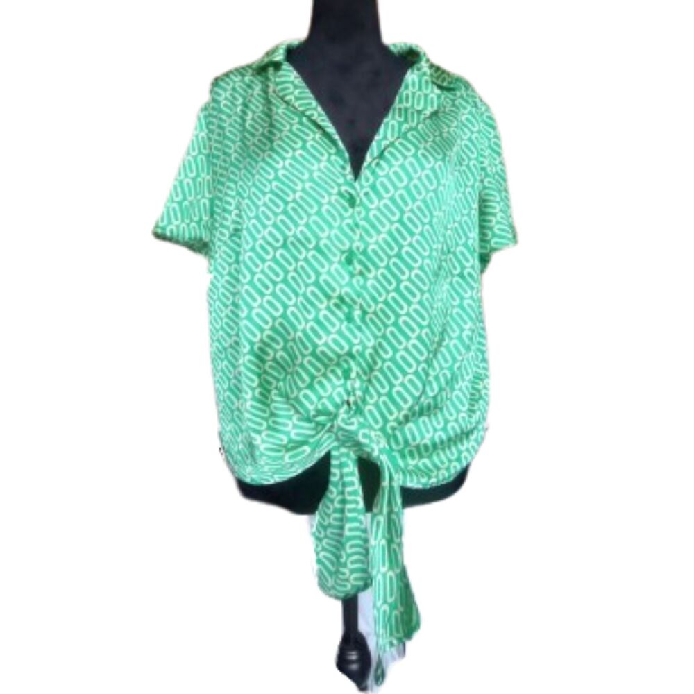 Eclair Women's Size Large Green & White Short Sleeve Satin Blouse